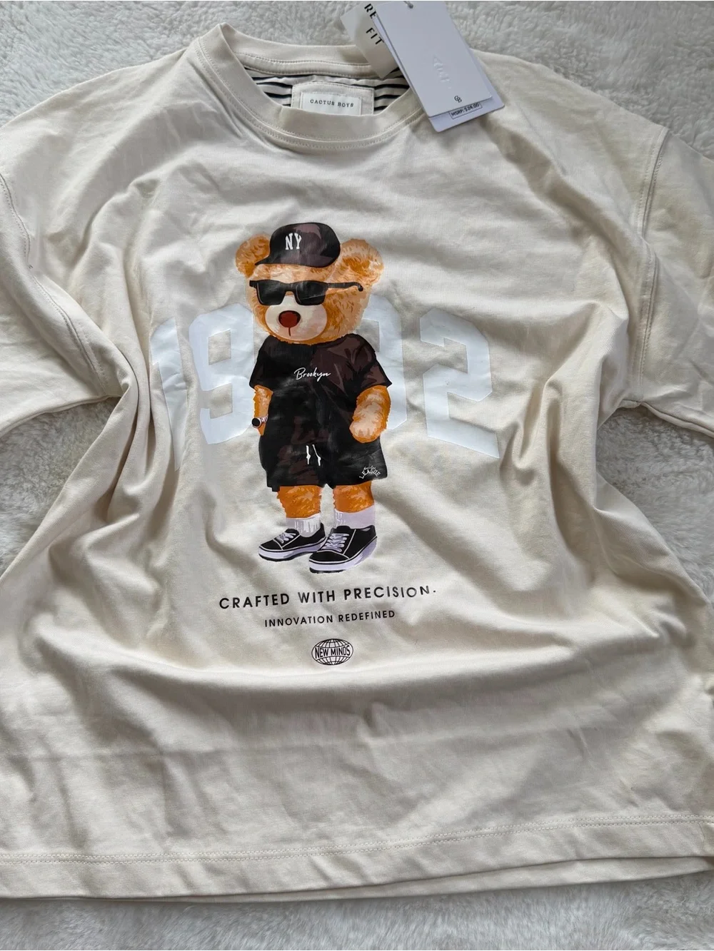 NWT Cactus Boys Bear Graphic T-Shirt 100% Cotton Size 11/12 Cream Tee